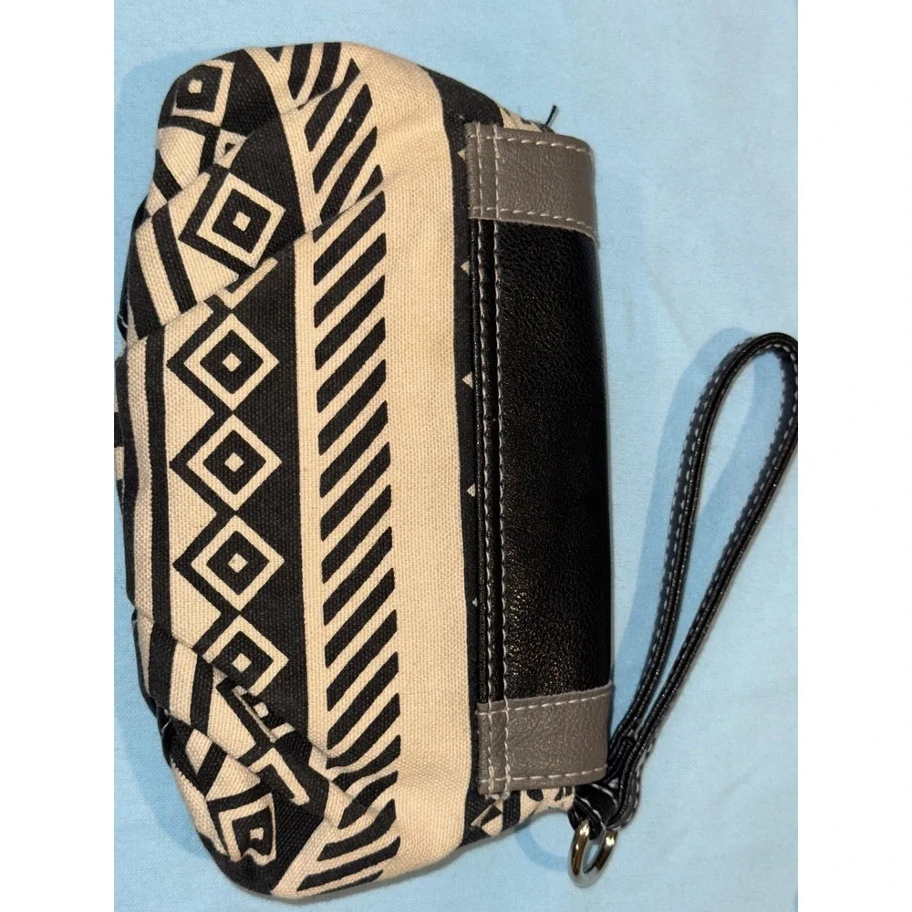 Owl Wristlet Clutch Bag Geometric Canvas Faux Leather Black White Gray Mini Bag
